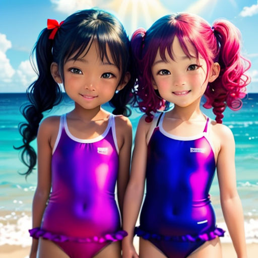 two girls in swimsuits standing on the beach with the sun shining behind them and the ocean in the background