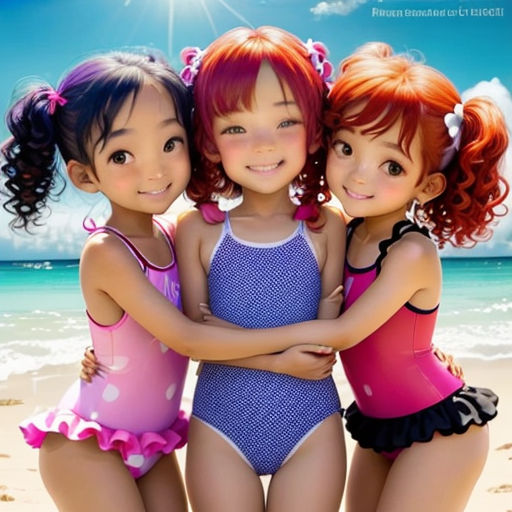 three girls in bathing suits standing on the beach together, with the sun shining behind them and the ocean in the background