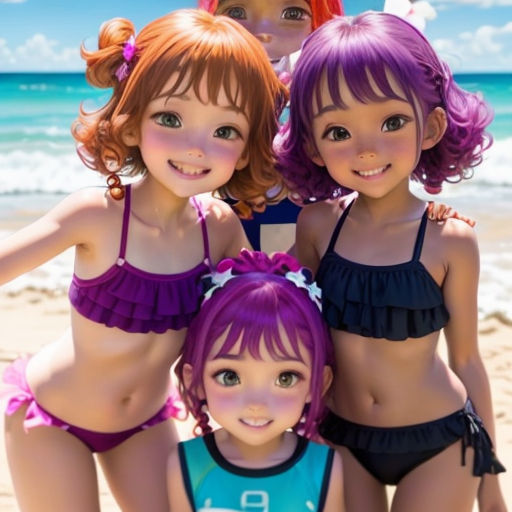 three girls in bathing suits on the beach posing for a picture together with the ocean in the background photo