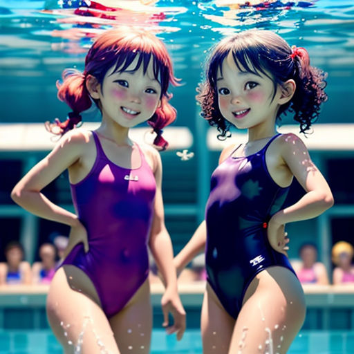 two young girls in swim suits standing in a pool with a large crowd watching them from the sidelines