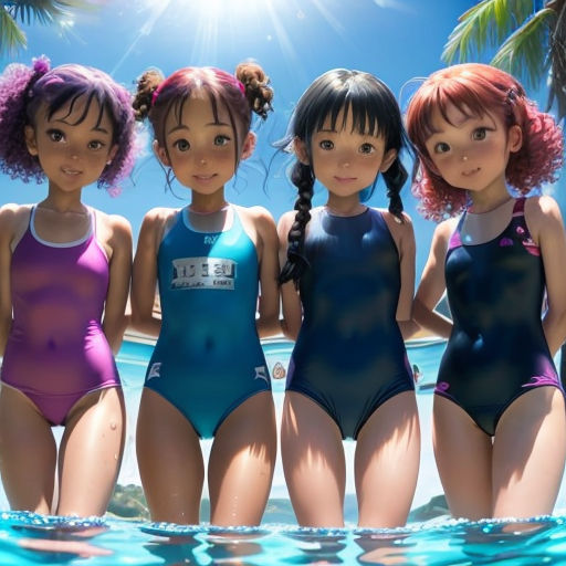 a group of girls in swimsuits standing in the water near a beach with palm trees and a bright sun