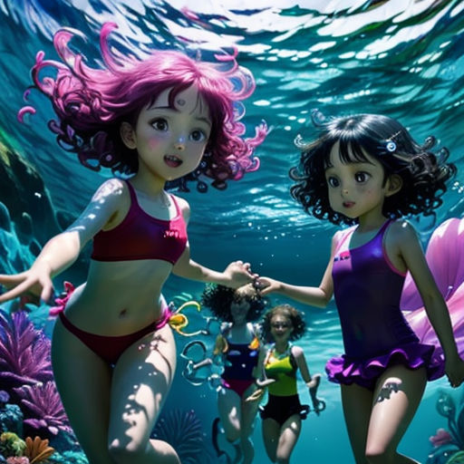 two girls in bikinis are under the water with their arms around each other and holding hands with a mermaid