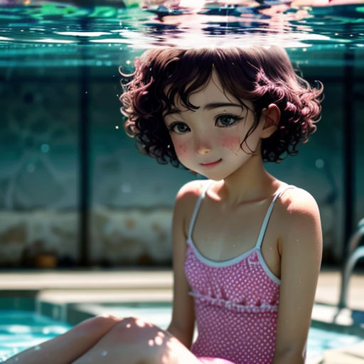 a girl in a pink swimsuit sitting on a pool edge with her feet up in the water and her hair up in the air