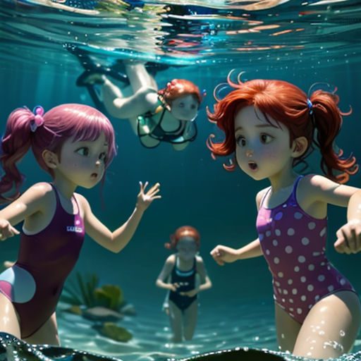 two girls in swimsuits swimming under water with a man in the background and a woman in the foreground