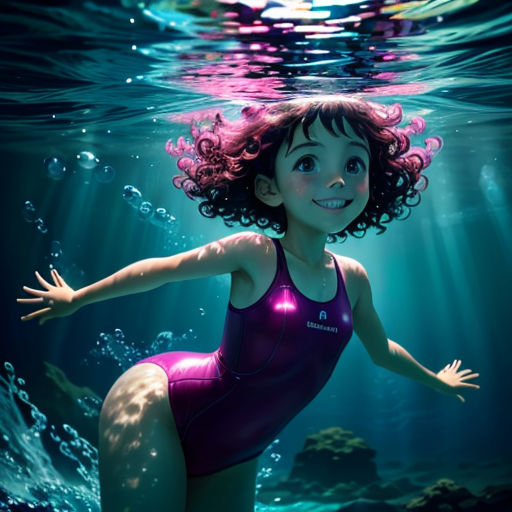 a girl in a purple swimsuit is under water with bubbles and bubbles around her head, and a light shining on her face