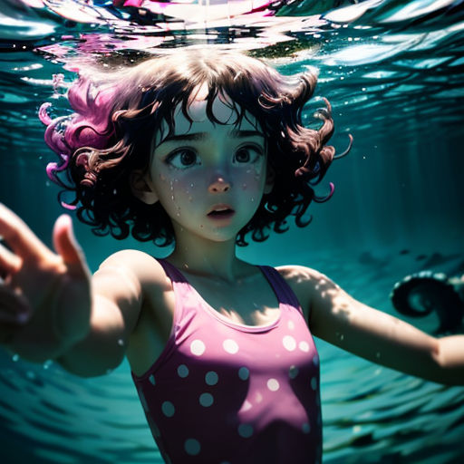 a little girl in a pink swimsuit under water with her arms out and a light shining on her face