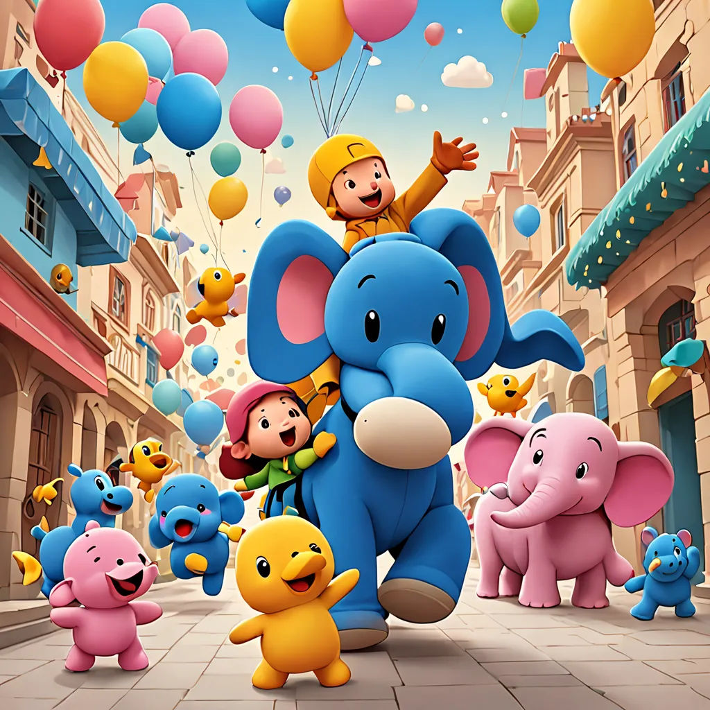 a group of people riding on the back of an elephant in a cartoon style with balloons flying above them, naive art, poster art, Amédée Ozenfant, promotional image