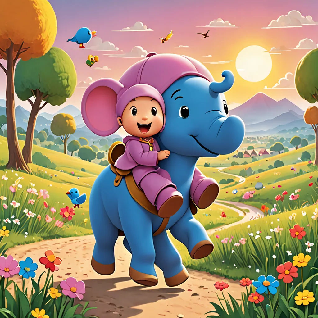 a cartoon elephant carrying a child on its back in a field of flowers and trees with a bird flying above, hurufiyya, a storybook illustration, Amédée Ozenfant, promotional image