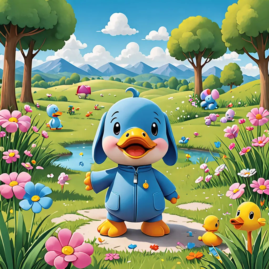 a cartoon character is standing in a field with flowers and ducks in the background, and a duckling is in the foreground, naive art, a storybook illustration, Chris LaBrooy, promotional image