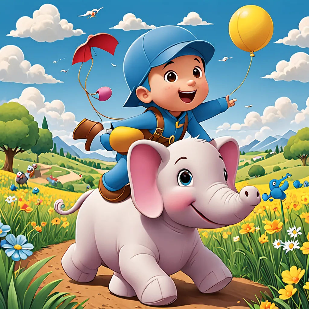 a cartoon boy riding on the back of an elephant in a field of flowers and trees with a kite, pop surrealism, a storybook illustration, Amédée Ozenfant, promotional image