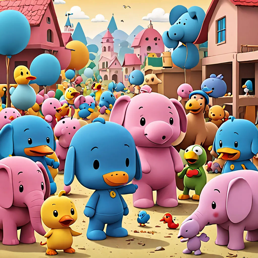 a group of cartoon animals standing in front of a building with a bunch of balloons in the air above them, pop surrealism, an ultrafine detailed painting, Chris LaBrooy, promotional image