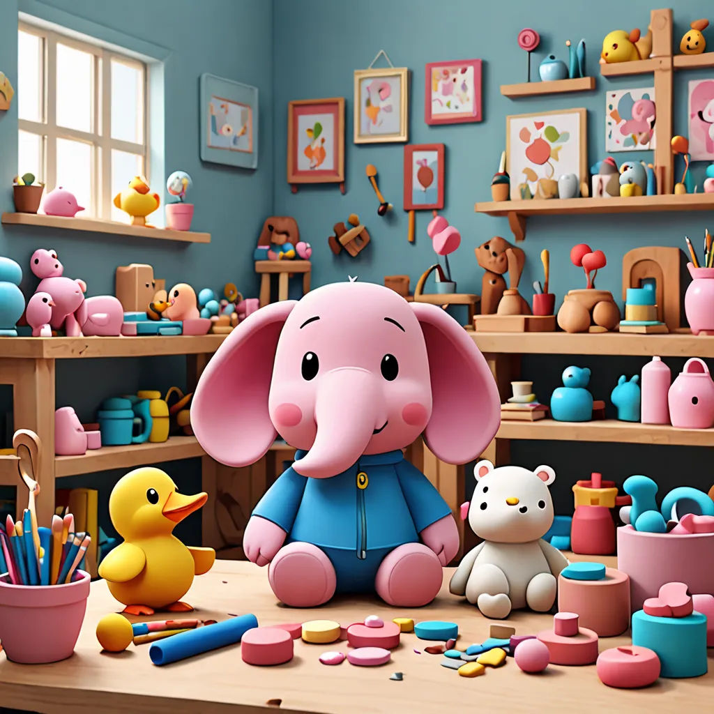 a pink elephant sitting on top of a wooden table next to a yellow duck and a yellow rubber duck, arts and crafts movement, a 3D render, Chris LaBrooy, promotional image