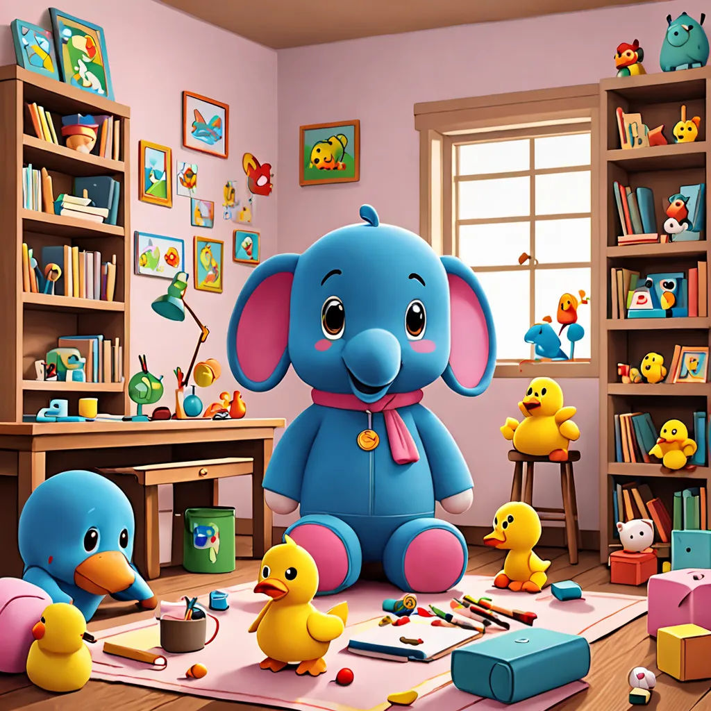 a blue elephant sitting on top of a wooden floor next to a yellow duck and duckling toy in a room, pop surrealism, an ultrafine detailed painting, Chris LaBrooy, behance hd