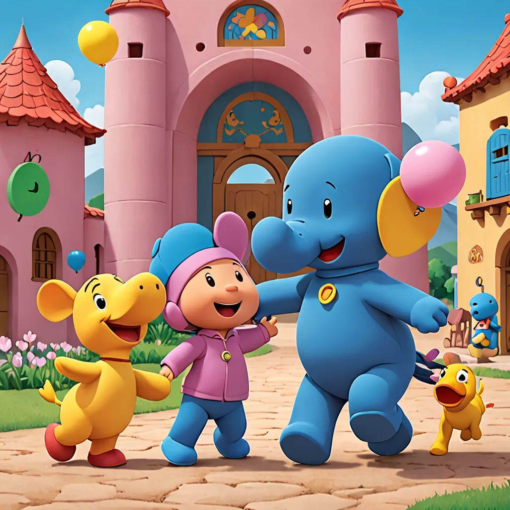 a cartoon of a group of children playing with a blue elephant and a yellow bear in front of a castle, les nabis, a storybook illustration, Amédée Ozenfant, promotional image