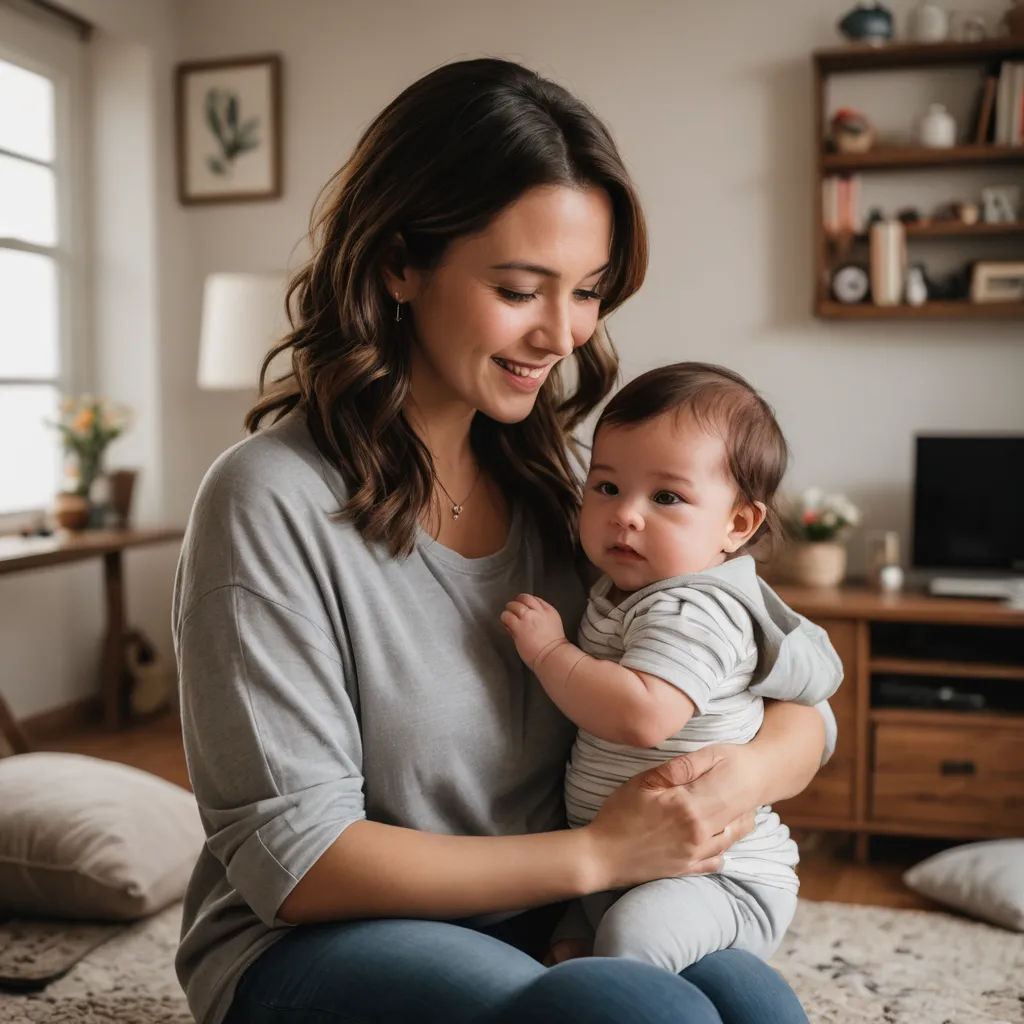 a woman holding a baby in her arms while sitting on a bed in a living room with a window, neoplasticism, a stock photo, Claire Falkenstein, portrait photography
