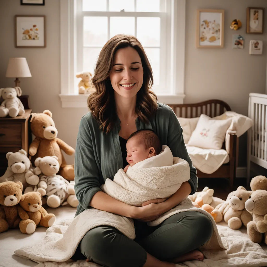 a woman holding a baby in her arms while sitting on a bed with teddy bears around her and a window, neoplasticism, a stock photo, Claire Falkenstein, portrait photography