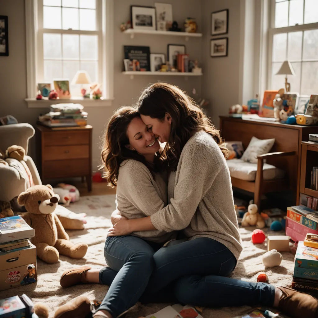 two women hugging each other in a room full of toys and books on the floor and a teddy bear, light and space, a stock photo, Brigette Barrager, portrait photography
