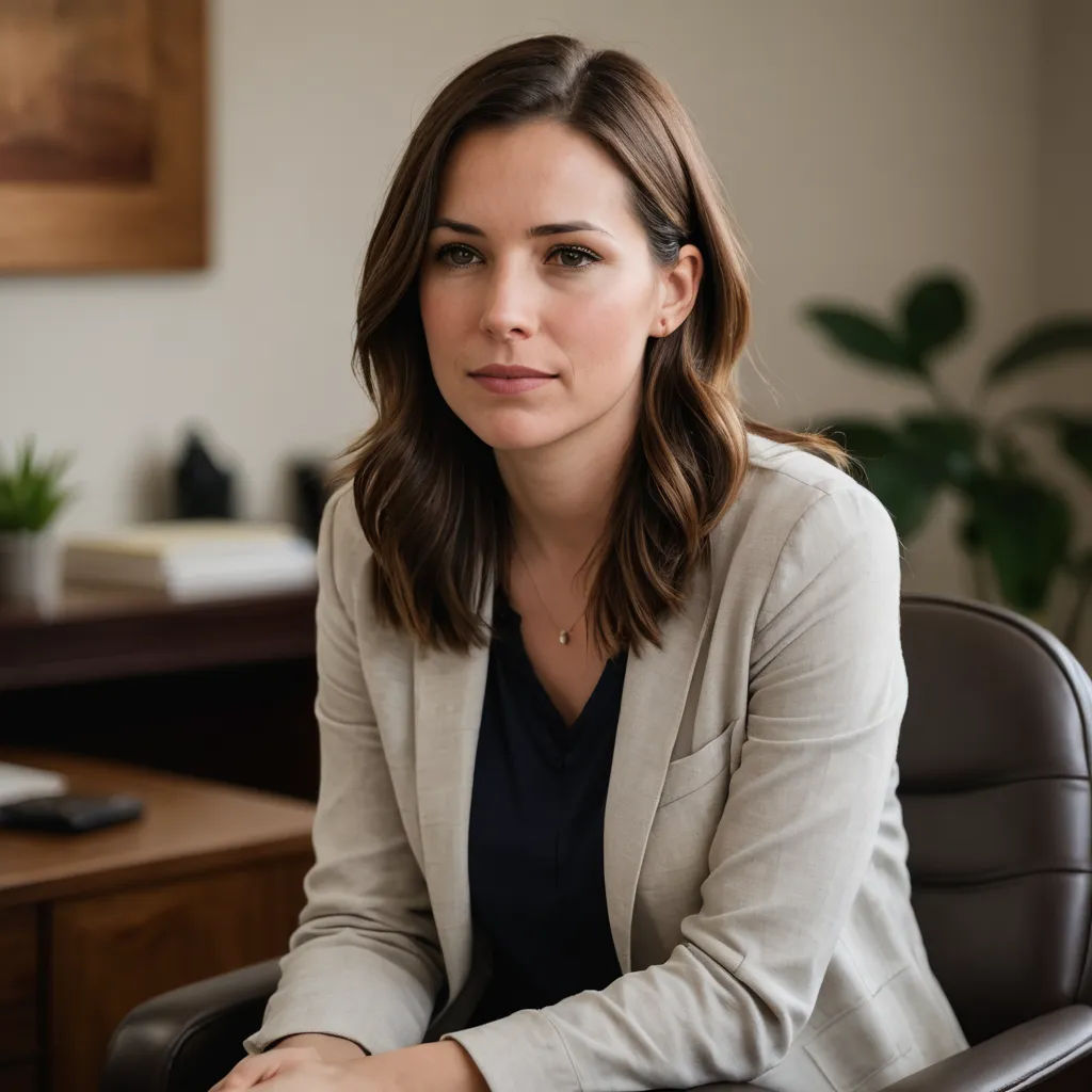 a woman sitting in a chair in an office setting with a plant in the background and a laptop on the desk, private press, a stock photo, Alison Geissler, professional photo