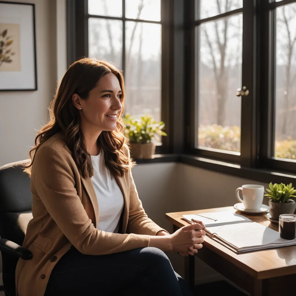 a woman sitting at a desk smiling and looking out the window with a cup of coffee in front of her, new objectivity, a stock photo, Claire Falkenstein, portrait photography