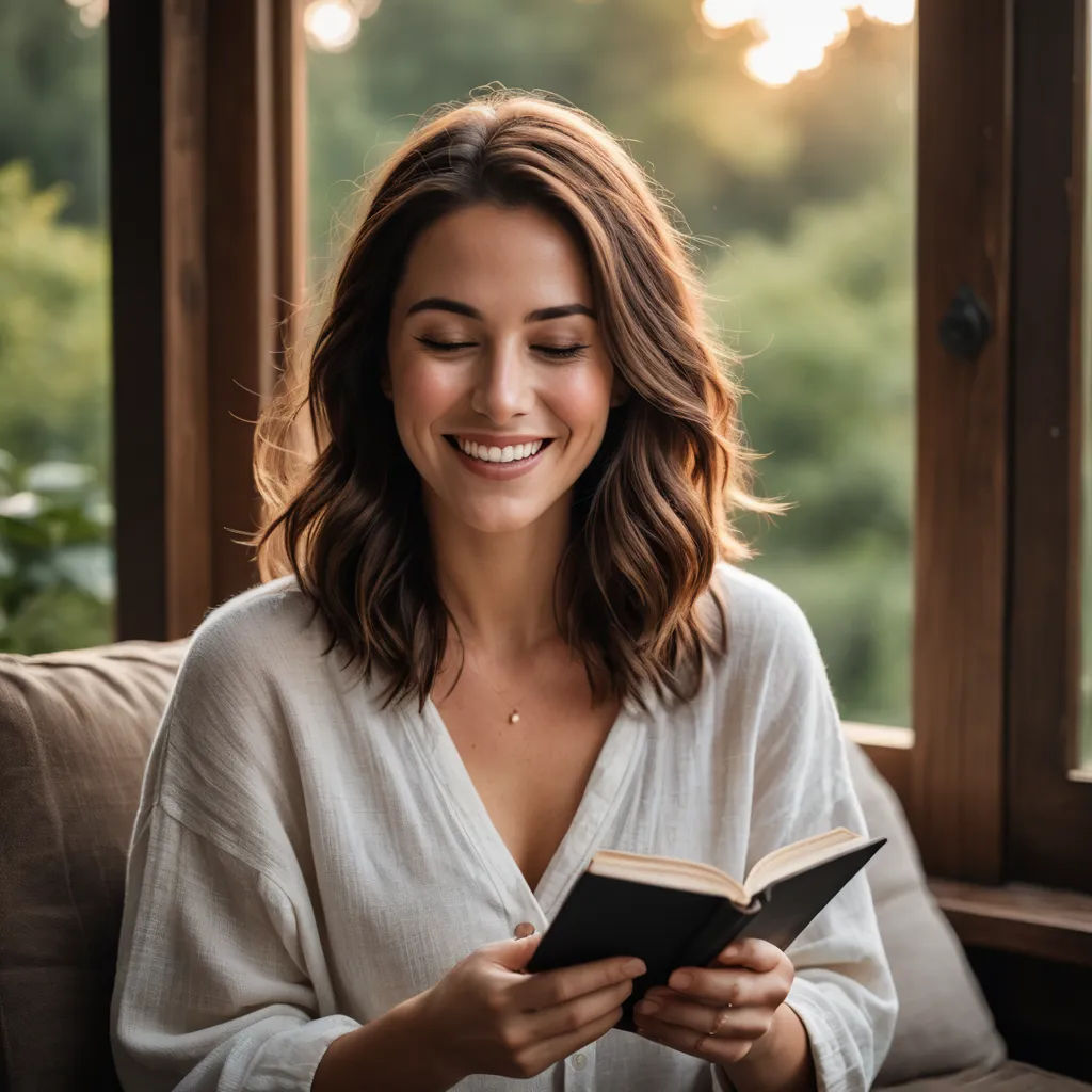 a woman sitting on a couch reading a book and smiling at the camera while looking at the camera with a smile on her face, private press, a stock photo, Dennis Ashbaugh, portrait photography
