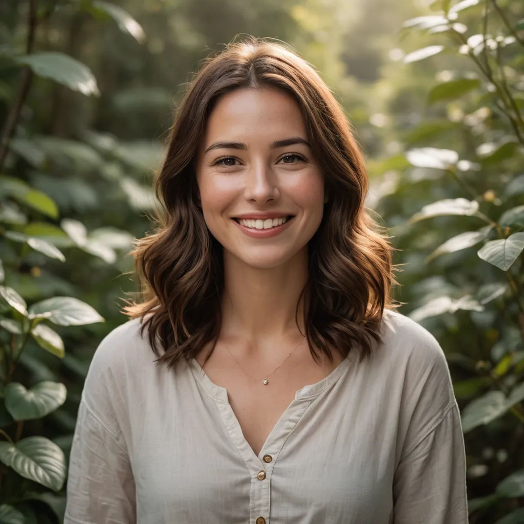 a woman standing in front of a forest of green plants and trees smiling at the camera with a smile on her face, private press, a character portrait, Caro Niederer, beautiful face