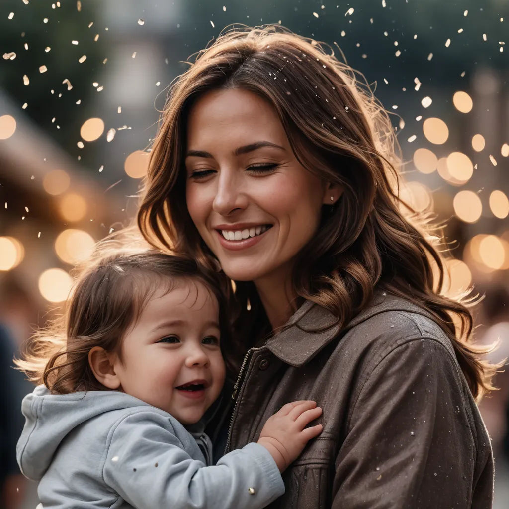 a woman holding a child in her arms and smiling at the camera with a boke of lights behind her, neoism, a stock photo, Claire Falkenstein, portrait photography