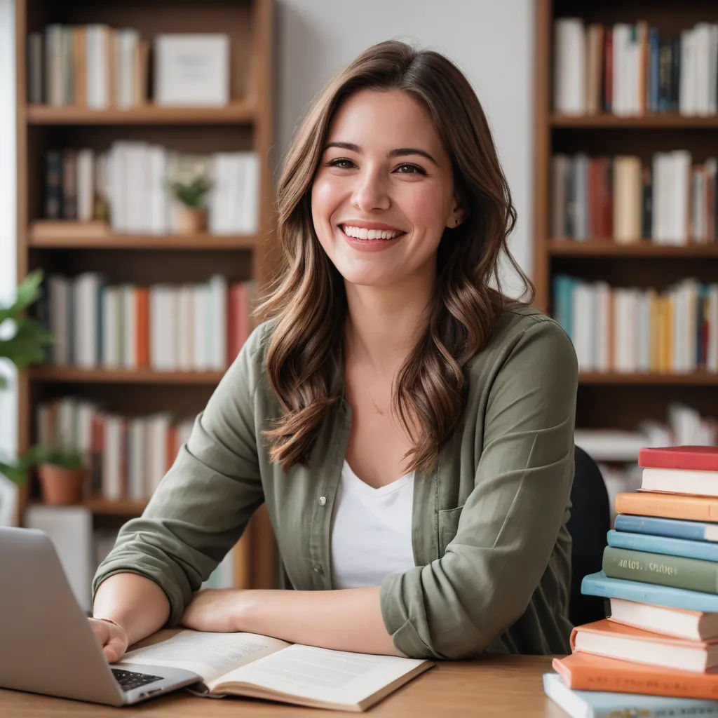a woman sitting at a desk with a laptop computer and books on the table in front of her,, academic art, a stock photo, Art & Language, product photo