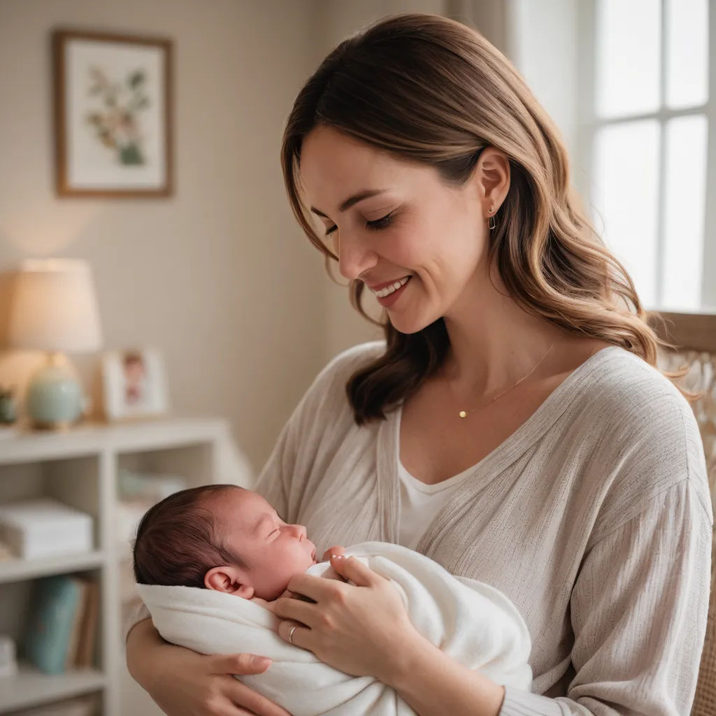 a woman holding a baby wrapped in a blanket in her arms and smiling at the camera while she holds the baby, neoplasticism, a stock photo, Everett Raymond Kinstler, promotional image