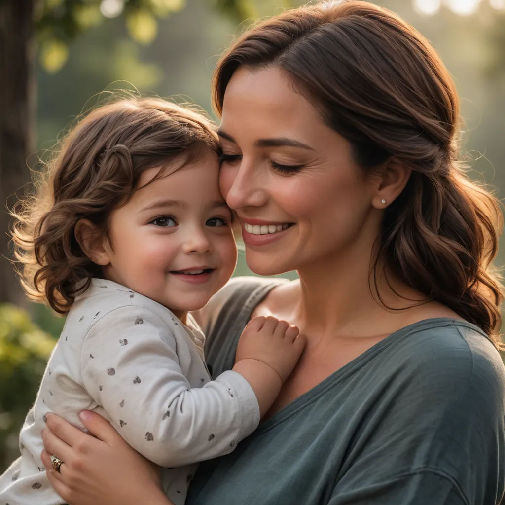 a woman holding a child in her arms and smiling at the camera with trees in the background and sunlight shining through the leaves, verdadism, a stock photo, Beatrice Huntington, adorable