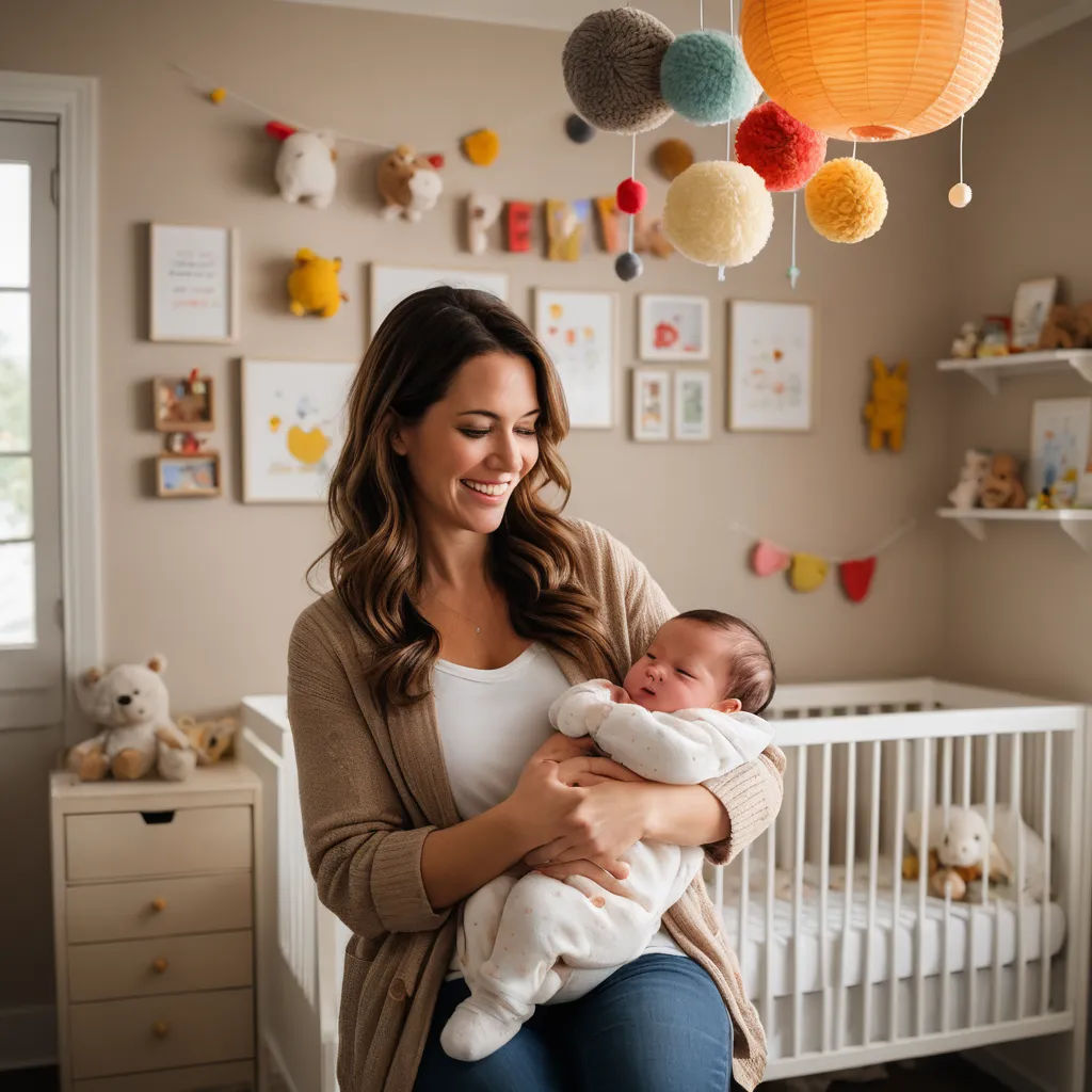 a woman holding a baby in her arms in a room with a crib and a crib with a crib and a crib with a crib and a crib with a crib and a crib with, neoplasticism, a stock photo, Anne Rigney, portrait photography