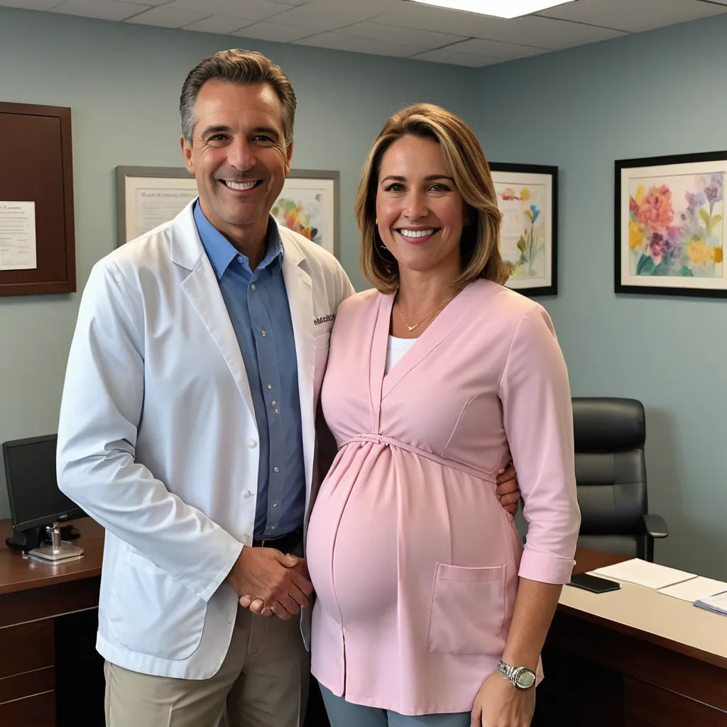 a pregnant woman standing next to a man in a pink shirt in an office setting with a blue shirt on, incoherents, a stock photo, Anne Rigney, professional photo