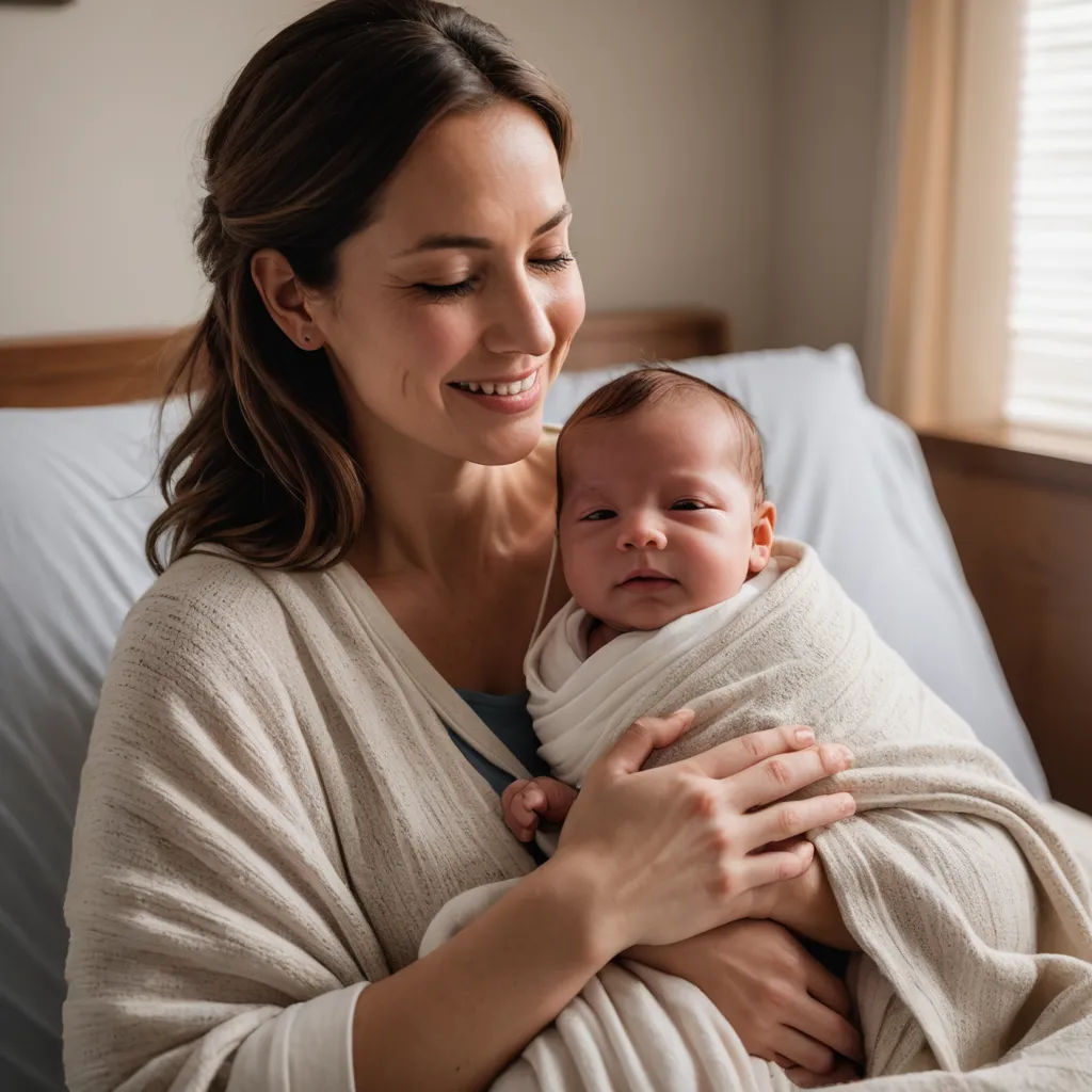 a woman holding a baby wrapped in a blanket in a bed room with a window behind her and a blanket over her head, neoplasticism, a stock photo, Everett Raymond Kinstler, portrait photography