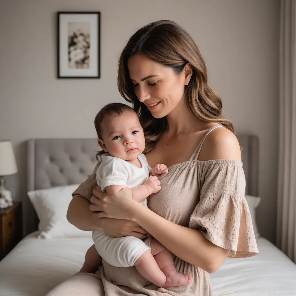 a woman holding a baby in her arms on a bed in a bedroom with a white bed spread and a picture of a baby, neoplasticism, a photocopy, Annabel Eyres, portrait photography