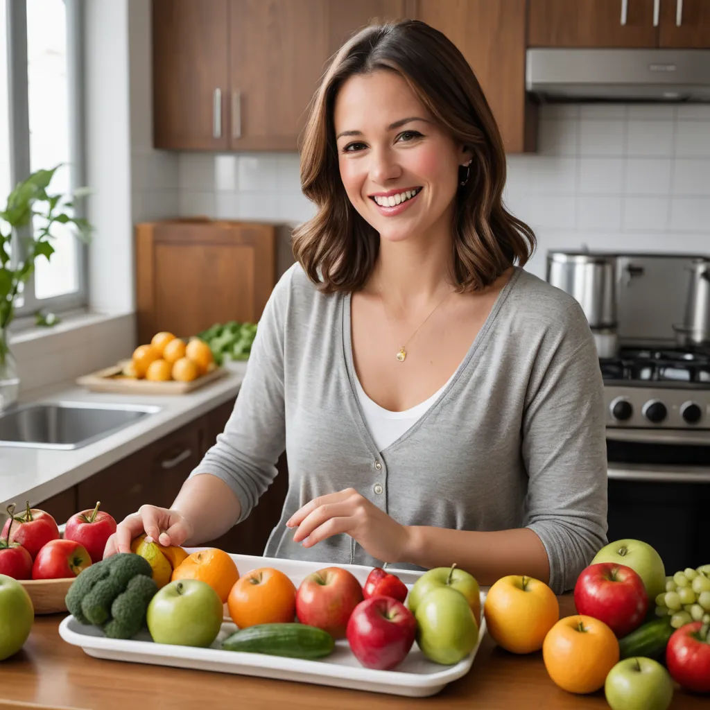 a woman standing in a kitchen with a tray of fruit and vegetables on the counter top and a sink, private press, a stock photo, Amy Weber, professional food photography