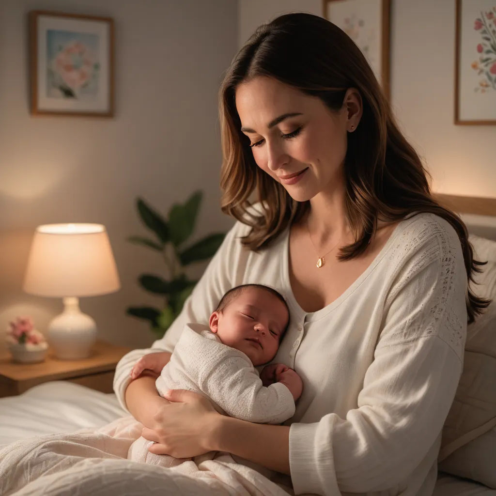a woman holding a baby in her arms while sitting on a bed in a bedroom with a lamp on, video art, a stock photo, Beatrice Huntington, promotional image