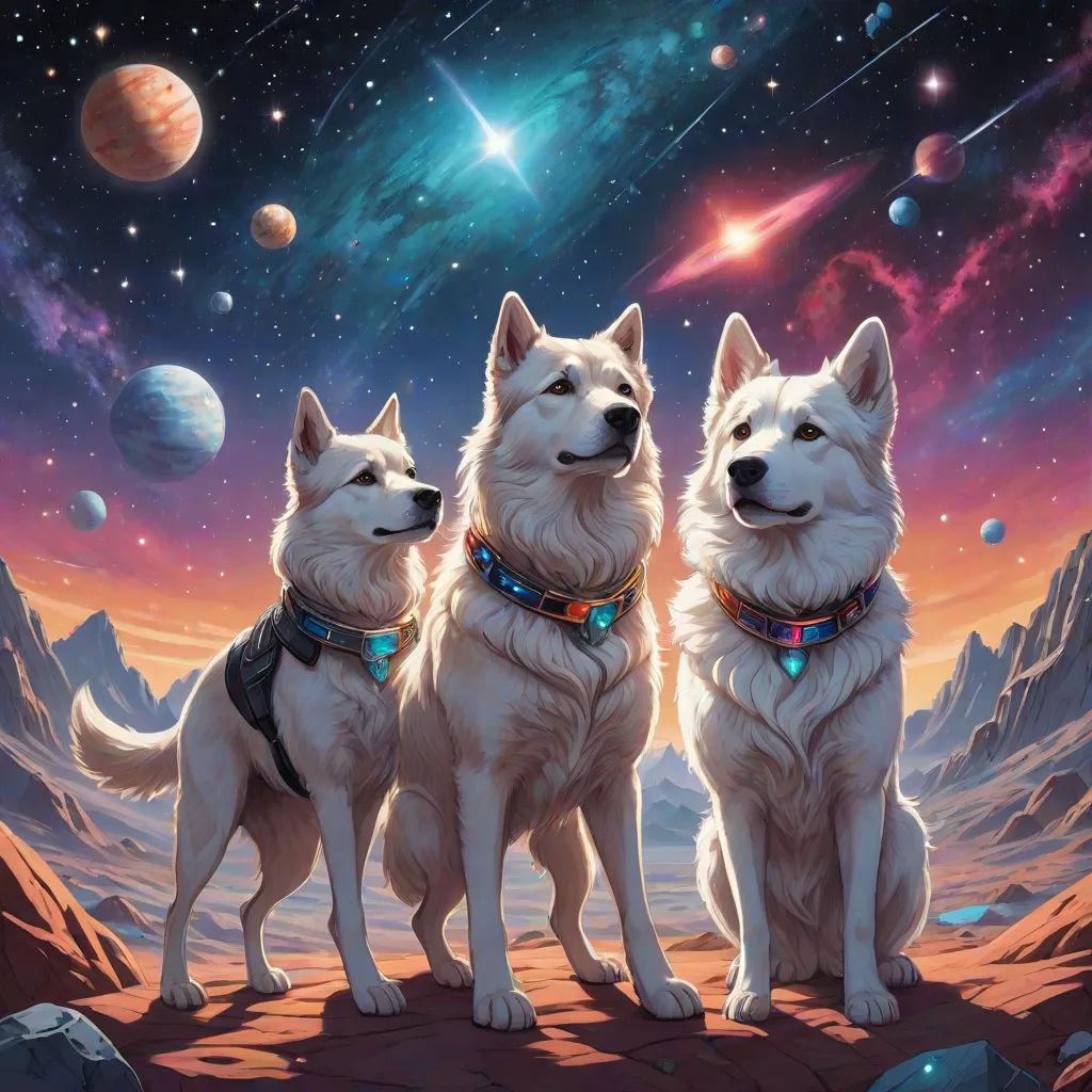 three dogs are sitting on a rock in front of a space scene with planets and stars in the background, space art, an album cover, Chris LaBrooy, official art