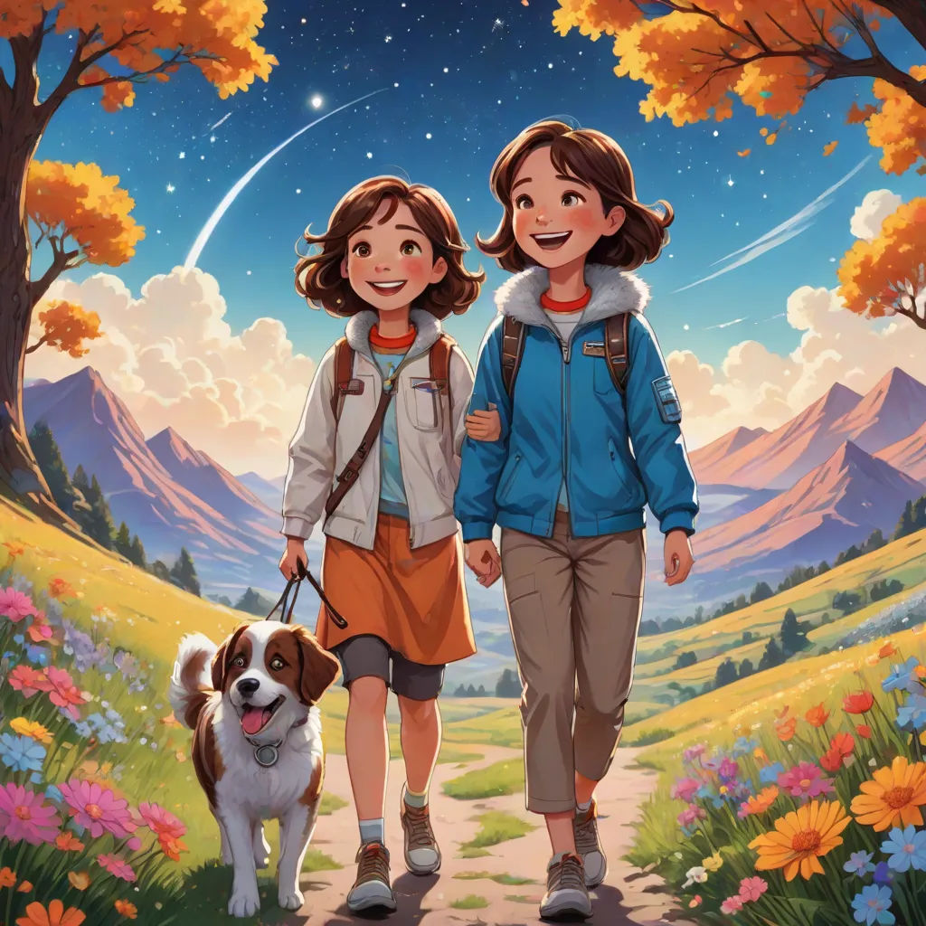 a couple of people walking a dog down a road next to a forest and mountains with stars in the sky, space art, a storybook illustration, Brothers Hildebrandt, official art