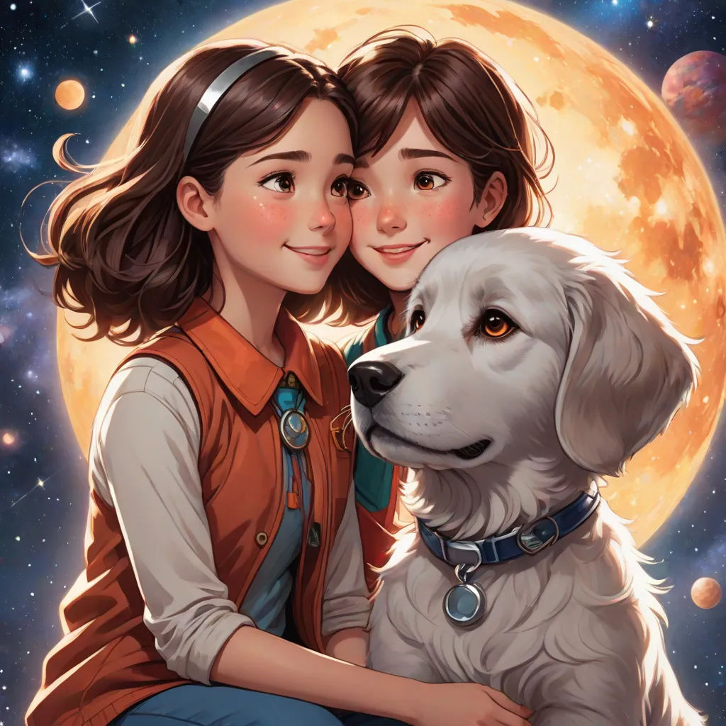 a girl and a dog are sitting in front of a full moon and stars background with the moon in the sky, space art, a comic book panel, Aaron Jasinski, comic cover art