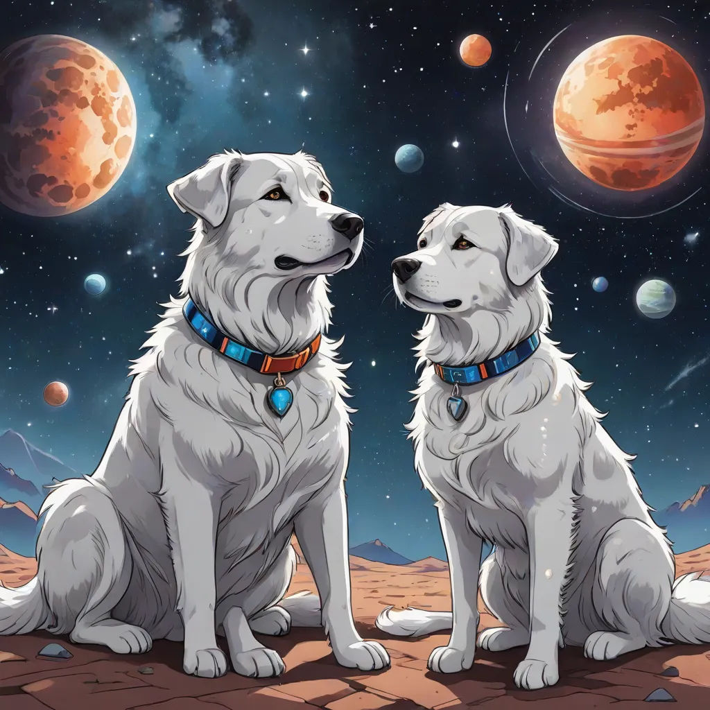 two dogs sitting on a rock looking at the planets in the sky with a red moon in the background, space art, a comic book panel, Felix-Kelly, space