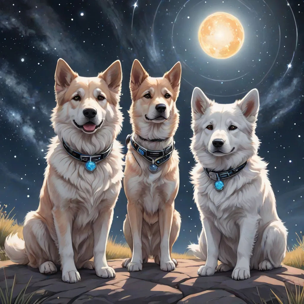 three dogs sitting on a rock in front of a full moon and stars sky with a full moon in the background, space art, an album cover, Aaron Jasinski, rossdraws global illumination