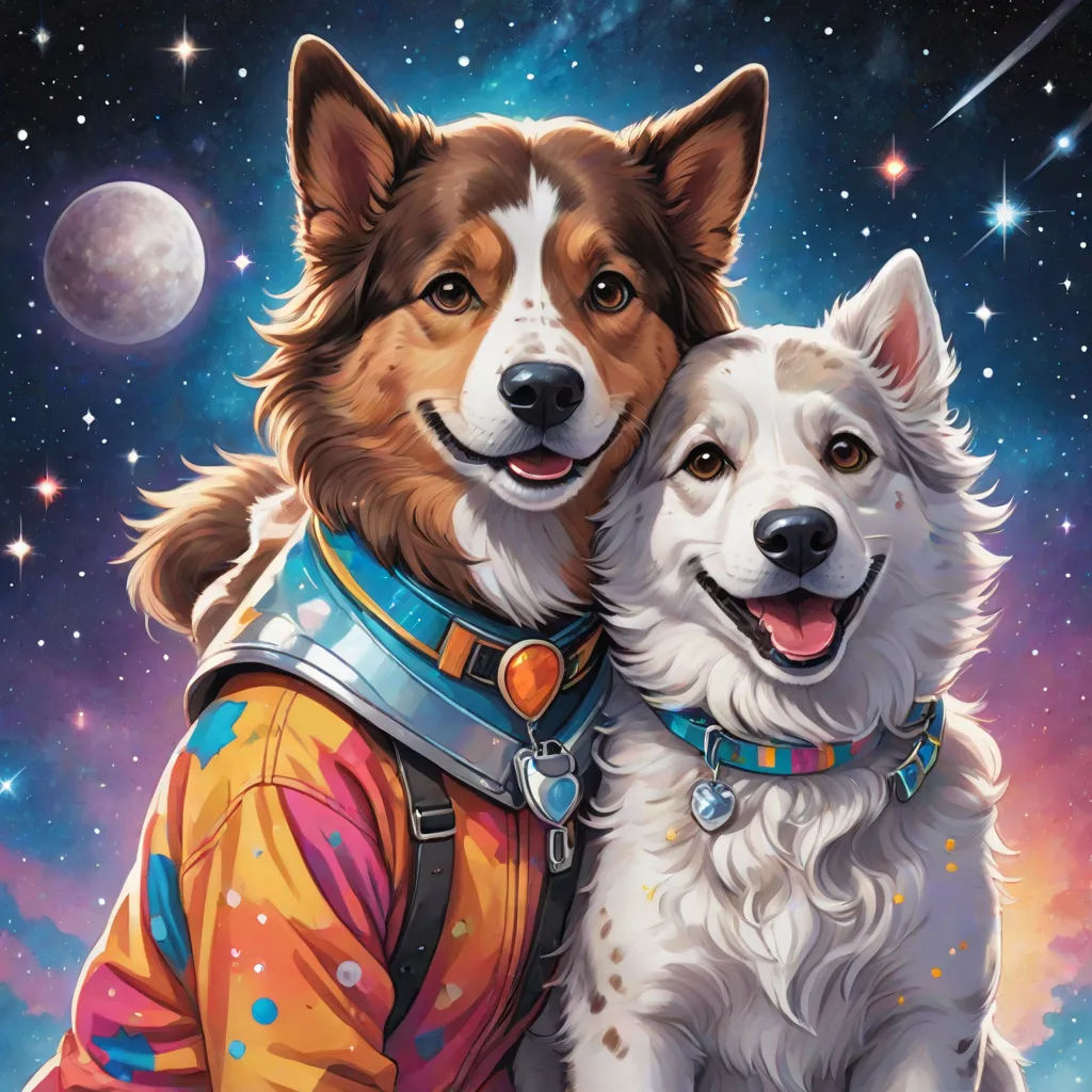 a painting of two dogs in space with a full moon in the background and stars in the sky behind them, space art, an album cover, Aaron Jasinski, space