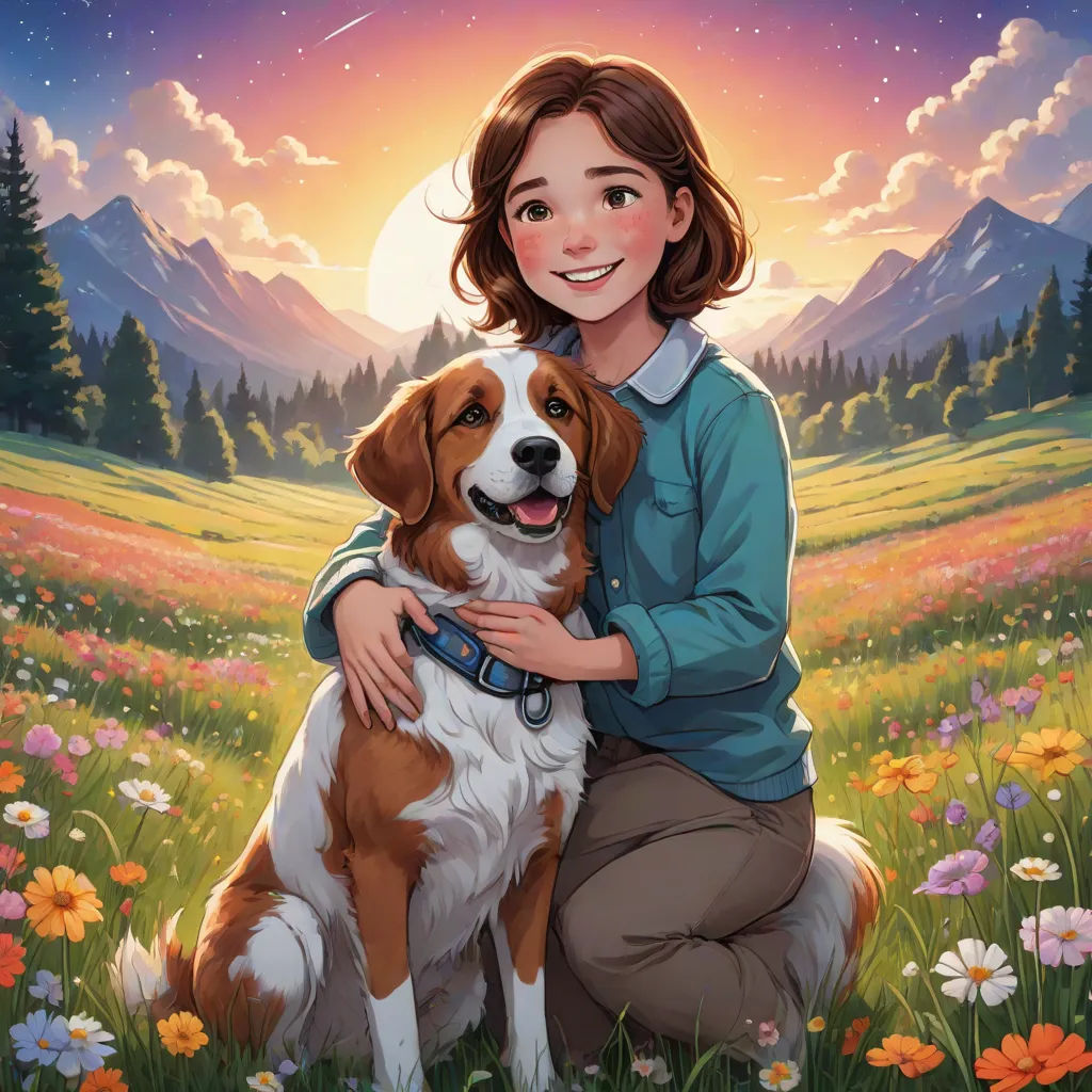 a girl is hugging her dog in a field of flowers at sunset with a mountain range in the background, furry art, a storybook illustration, Cyril Rolando, official art