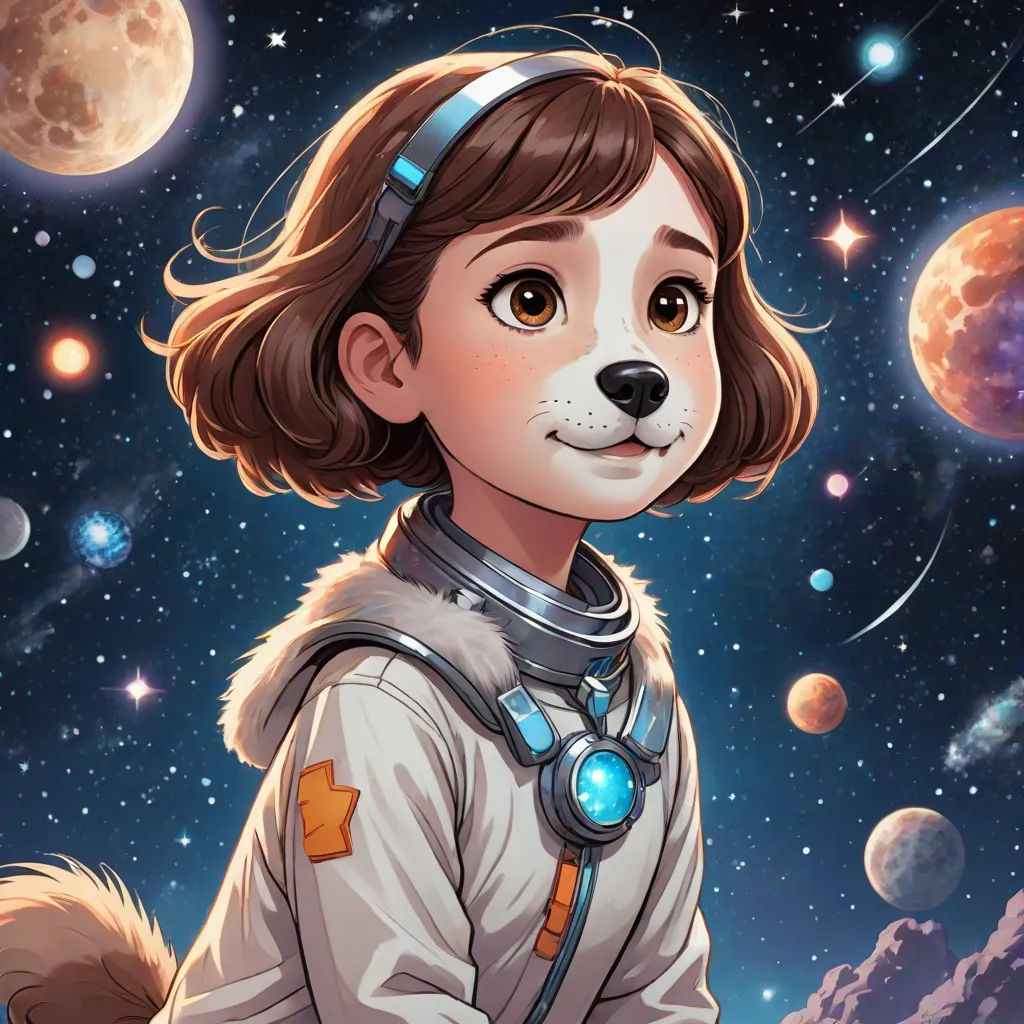 a dog in a space suit standing in front of a space background with planets and stars in the sky, space art, a comic book panel, Diego Gisbert Llorens, comic cover art