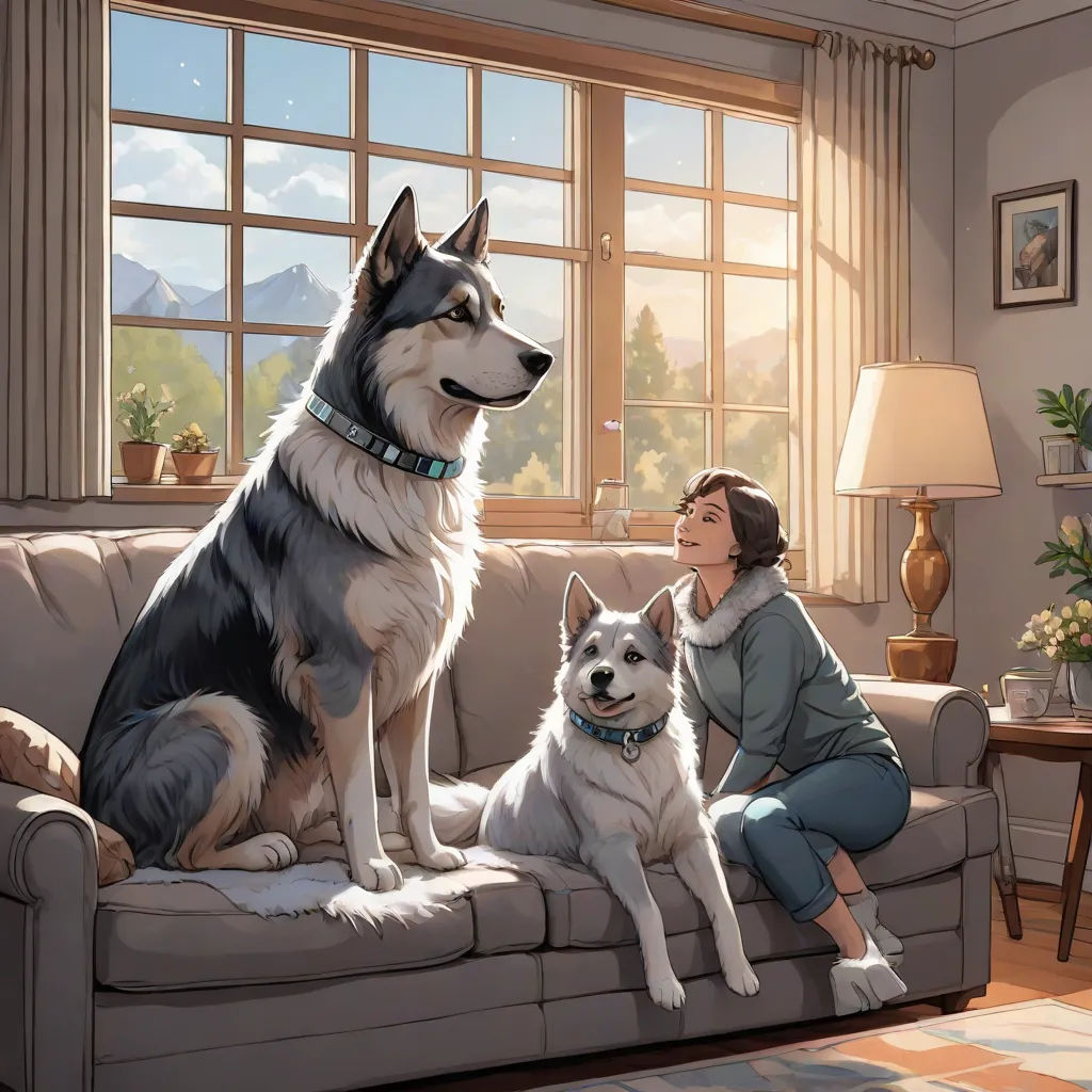 a woman sitting on a couch next to two dogs in a living room with a window and a lamp, american scene painting, a storybook illustration, Brothers Hildebrandt, official art