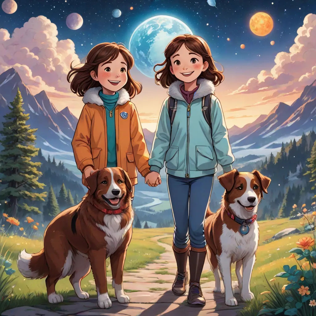 two girls and two dogs standing in front of a full moon and mountains scene with a full moon in the sky, space art, poster art, Diego Gisbert Llorens, official art