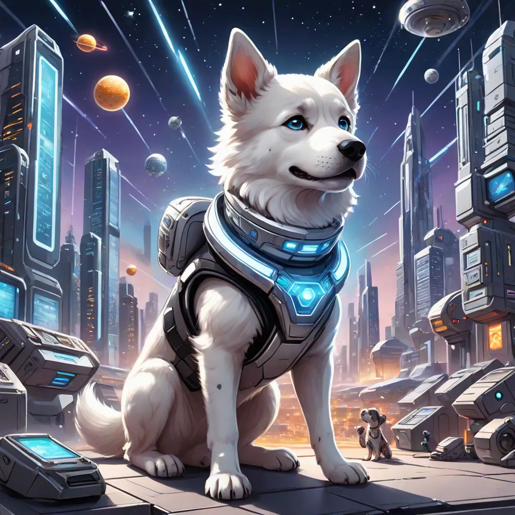a dog sitting on a ledge in front of a city with planets and stars in the background, with a person standing on the ground, space art, concept art, Clint Cearley, official art