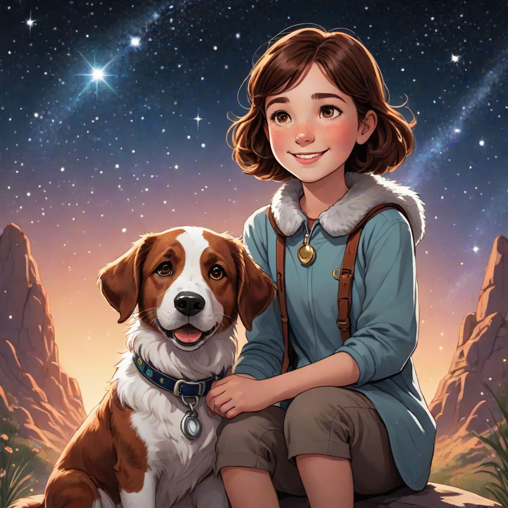 a girl sitting on a rock with a dog in front of her and a star filled sky behind her, space art, a storybook illustration, Cliff Childs, official art