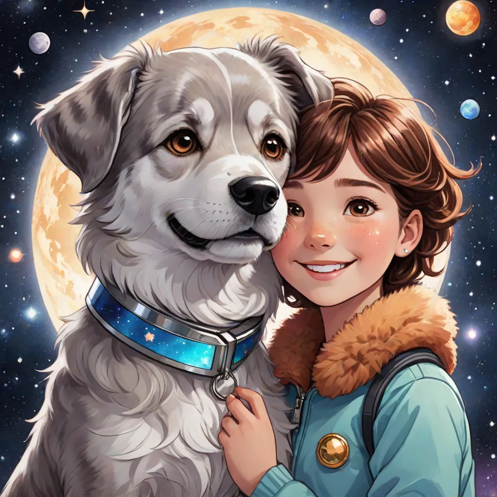 a girl hugging a dog in front of a full moon and stars background with a full moon in the background, space art, a character portrait, David Park, comic cover art