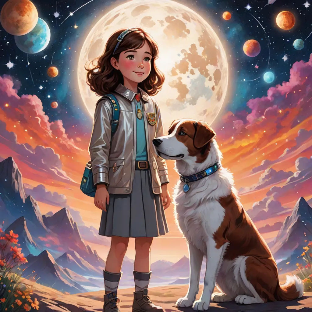 a girl and her dog are standing in front of a full moon and stars sky with planets in the background, space art, poster art, Aaron Jasinski, comic cover art