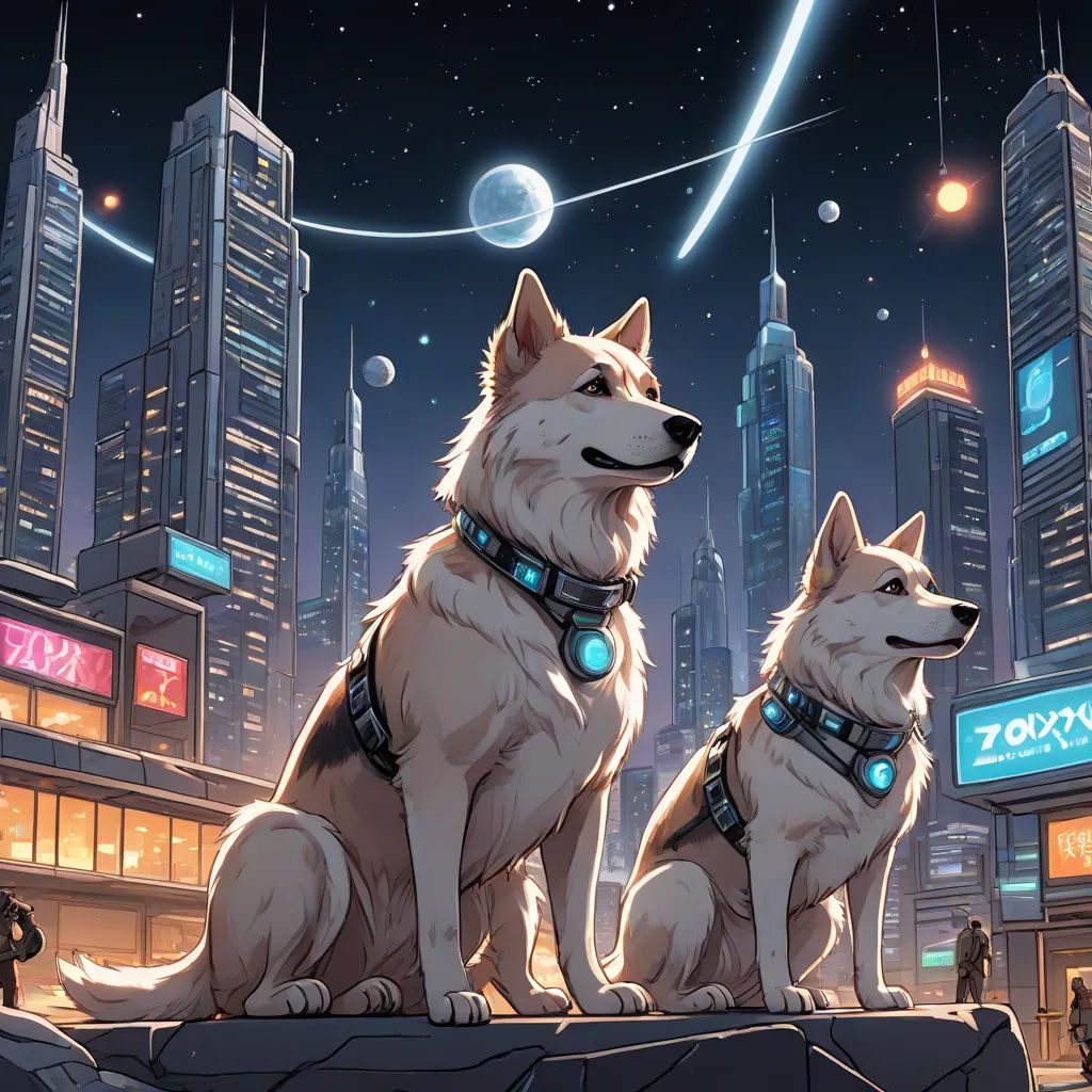 two dogs sitting on a ledge in front of a city at night with a moon in the sky and a person standing on the sidewalk, space art, cyberpunk art, Brothers Hildebrandt, rossdraws global illumination